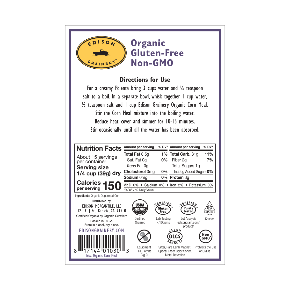 Edison Grainery - Edison Grainery Organic Corn Meal 16 oz | Home Grown